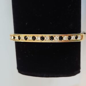 ROMAN Red & Clear Rhinestone Goldtone Hindged Bangle Bracelet